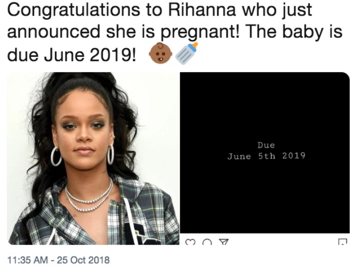Screen shot of tweet of Rihanna pregnant.